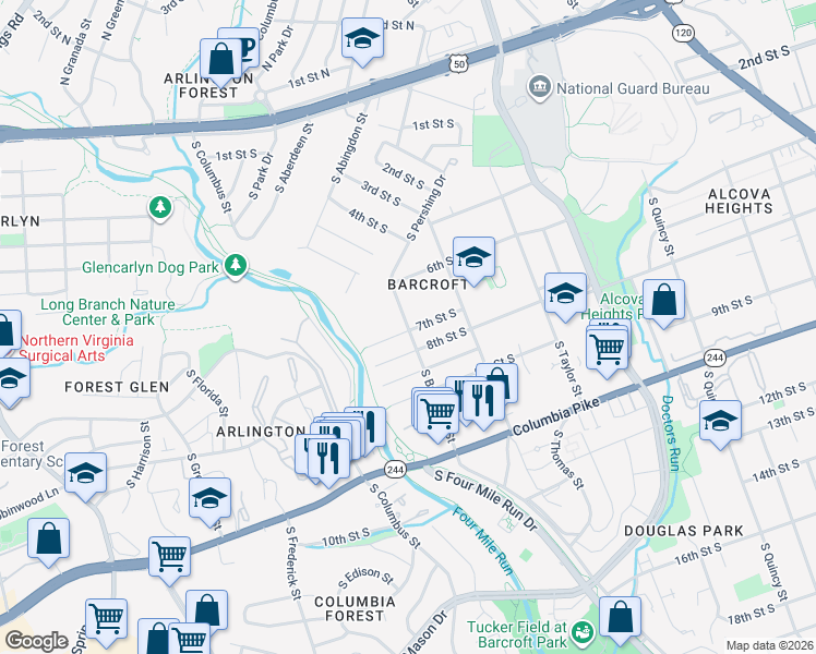 map of restaurants, bars, coffee shops, grocery stores, and more near 634 South Buchanan Street in Arlington