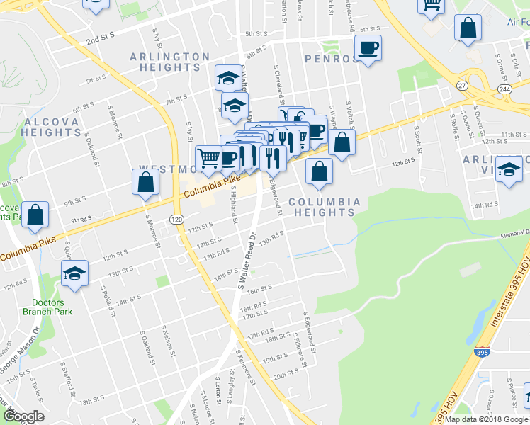 map of restaurants, bars, coffee shops, grocery stores, and more near 2818 12th Street South in Arlington