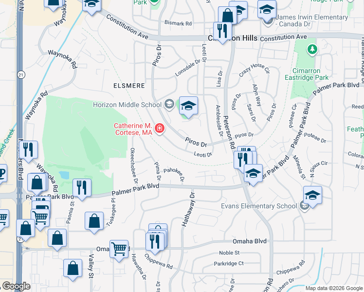 map of restaurants, bars, coffee shops, grocery stores, and more near 1780 Leoti Drive in Colorado Springs