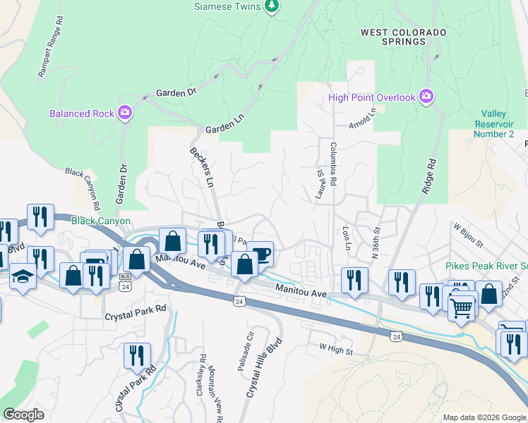 map of restaurants, bars, coffee shops, grocery stores, and more near 34 Via Maria Theresia in Manitou Springs