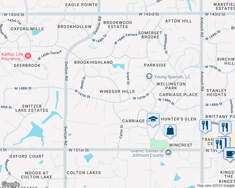 map of restaurants, bars, coffee shops, grocery stores, and more near 14626 Grant Lane in Overland Park