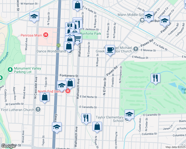map of restaurants, bars, coffee shops, grocery stores, and more near 516 East Fontanero Street in Colorado Springs