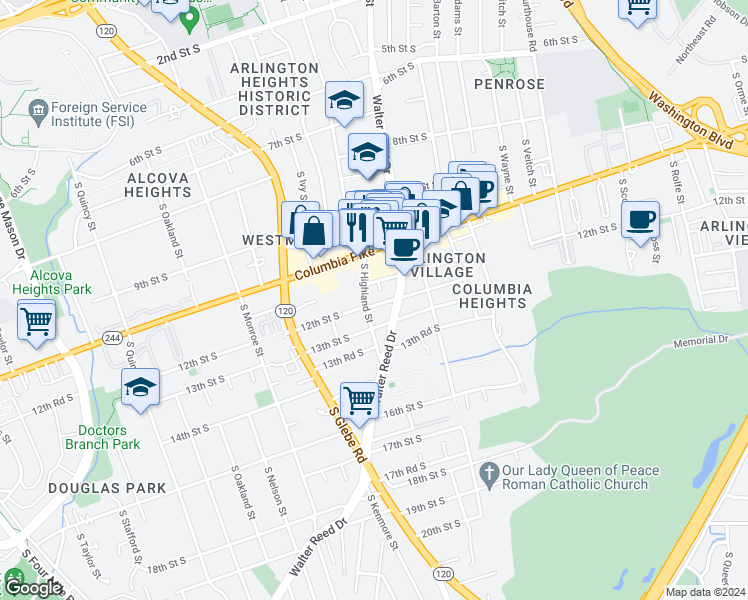 map of restaurants, bars, coffee shops, grocery stores, and more near 3013 12th Street South in Arlington