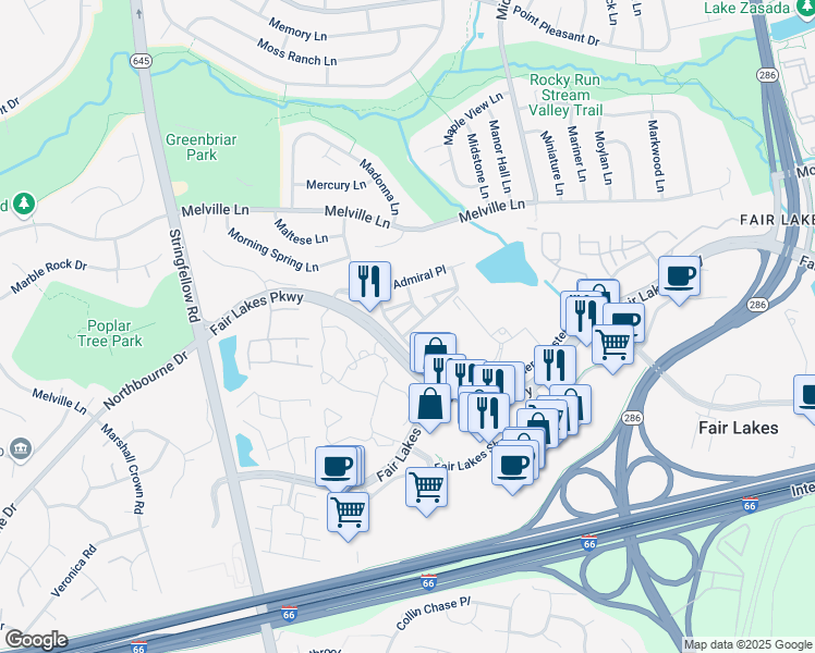 map of restaurants, bars, coffee shops, grocery stores, and more near 4654 Hummingbird Lane in Fairfax