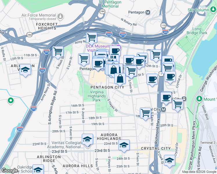 map of restaurants, bars, coffee shops, grocery stores, and more near S Hayes St & 15th St S in Arlington