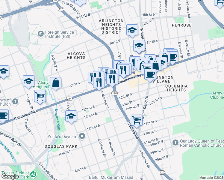 map of restaurants, bars, coffee shops, grocery stores, and more near 3400 Columbia Pike in Arlington