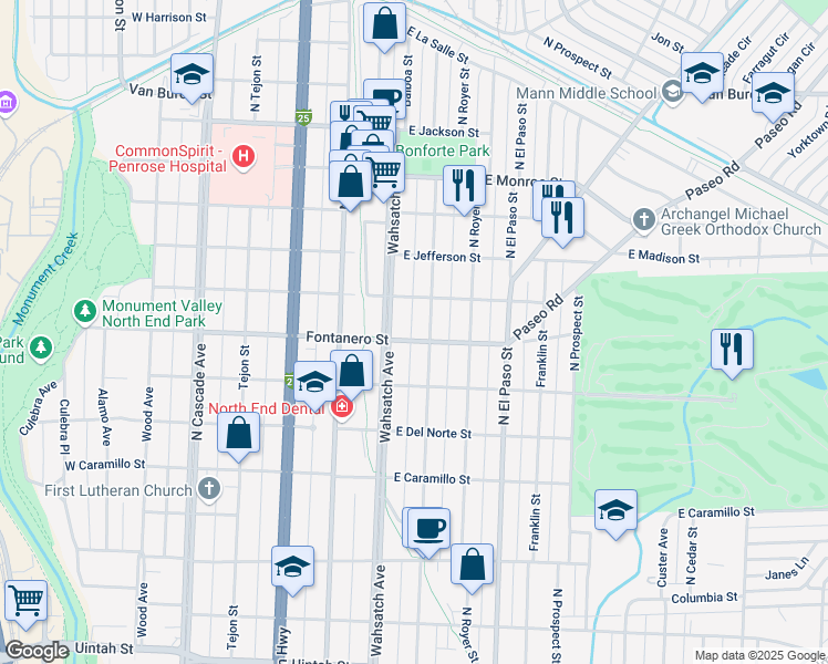 map of restaurants, bars, coffee shops, grocery stores, and more near 420 East Fontanero Street in Colorado Springs