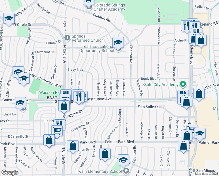 map of restaurants, bars, coffee shops, grocery stores, and more near 1924 Collier Avenue in Colorado Springs