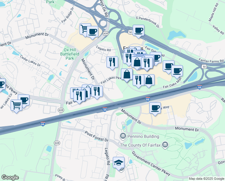 map of restaurants, bars, coffee shops, grocery stores, and more near 4242 Jefferson Oaks Circle in Fairfax
