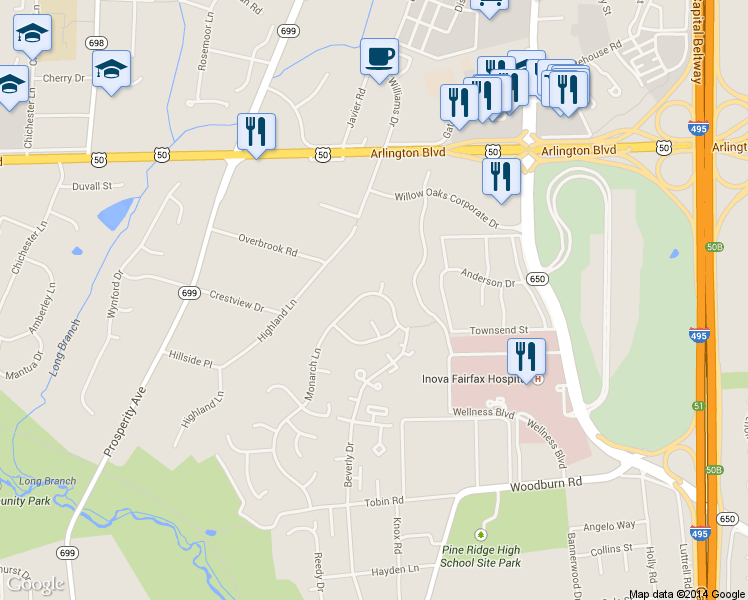 map of restaurants, bars, coffee shops, grocery stores, and more near 3331 Monarch Lane in Annandale