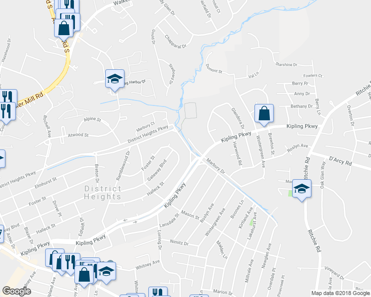 map of restaurants, bars, coffee shops, grocery stores, and more near 2017 Marbury Drive in District Heights