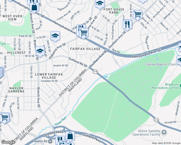 map of restaurants, bars, coffee shops, grocery stores, and more near 3901 Suitland Rd in Suitland