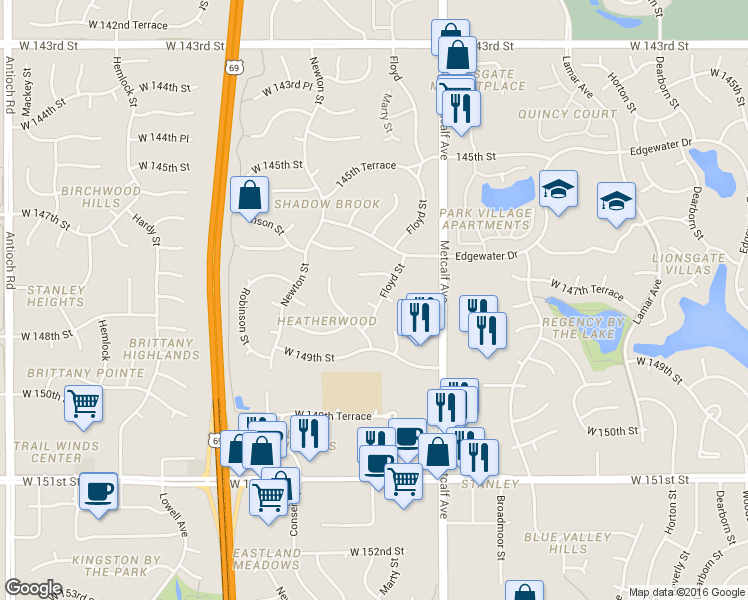 map of restaurants, bars, coffee shops, grocery stores, and more near 14814 Floyd Street in Overland Park