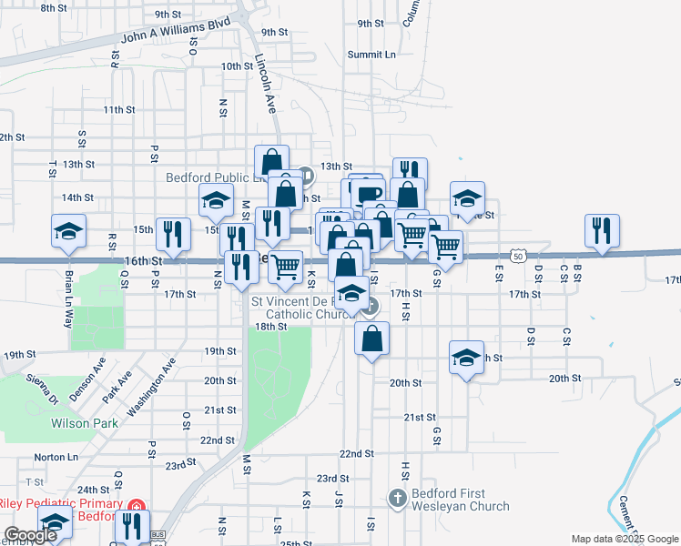 map of restaurants, bars, coffee shops, grocery stores, and more near 1613 J Street in Bedford
