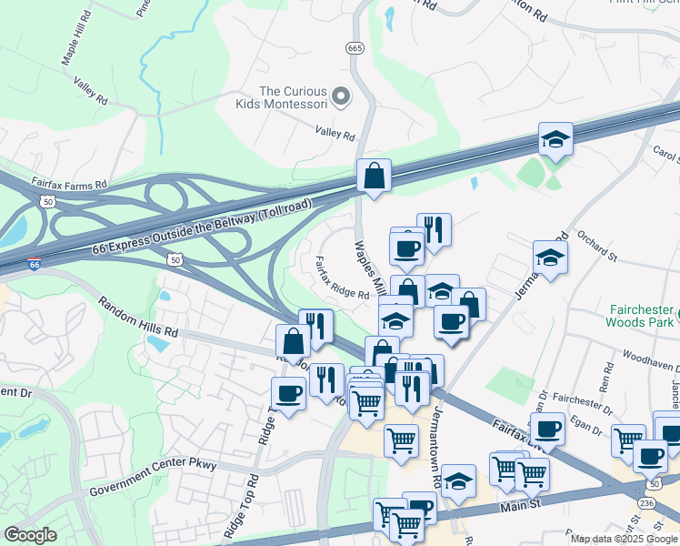 map of restaurants, bars, coffee shops, grocery stores, and more near 11223 Waples Mill Road in Fairfax