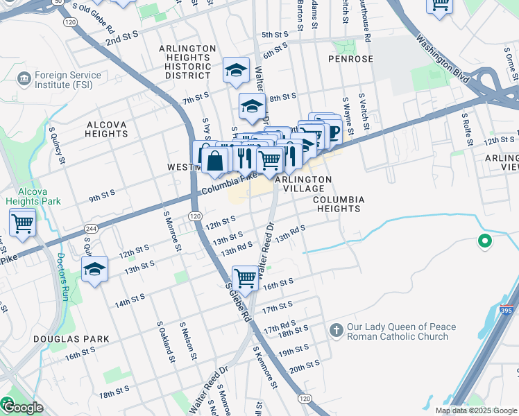 map of restaurants, bars, coffee shops, grocery stores, and more near 3009 12th Street South in Arlington