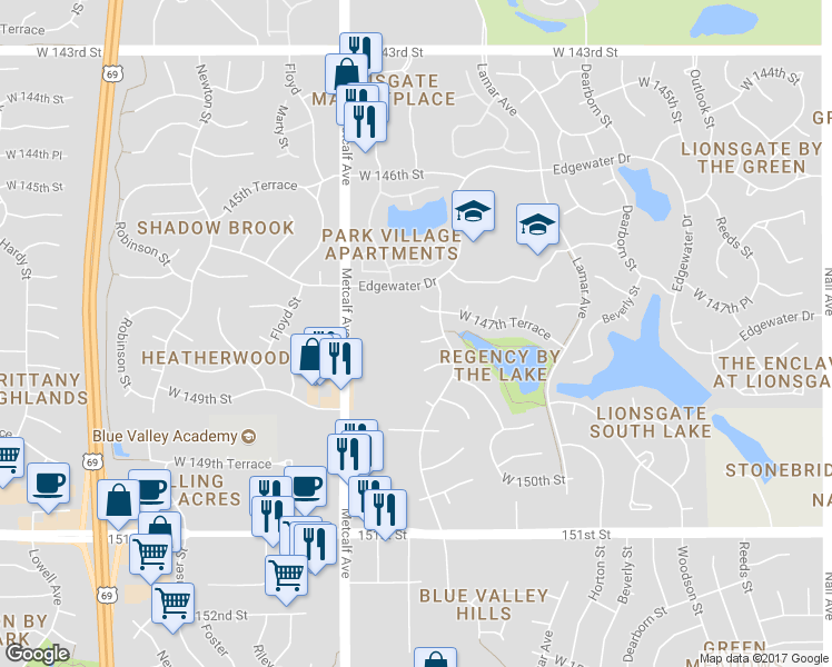 map of restaurants, bars, coffee shops, grocery stores, and more near 6712 West 148th Street in Overland Park