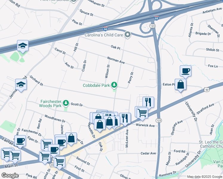 map of restaurants, bars, coffee shops, grocery stores, and more near 10611 Howerton Avenue in Fairfax