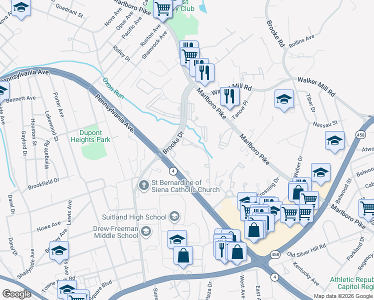 map of restaurants, bars, coffee shops, grocery stores, and more near 2100 Brooks Drive in District Heights