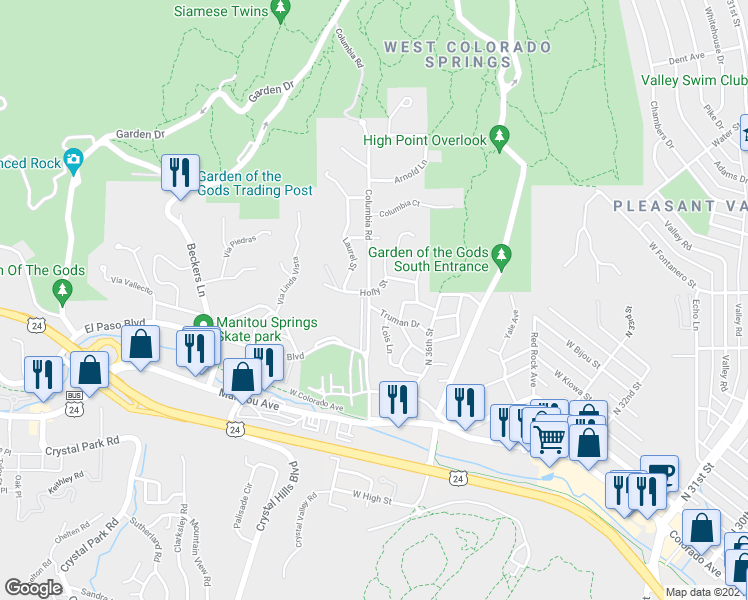 map of restaurants, bars, coffee shops, grocery stores, and more near 325 Columbia Rd in Colorado Springs