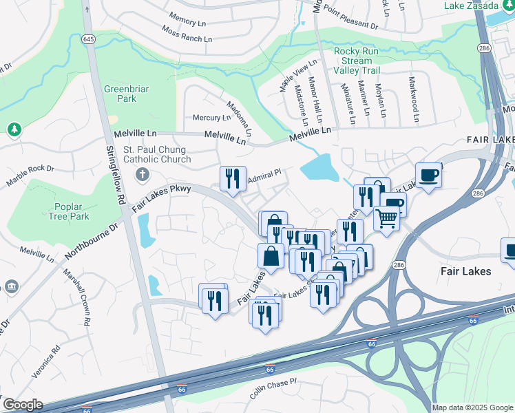 map of restaurants, bars, coffee shops, grocery stores, and more near 4654 Hummingbird Lane in Fairfax