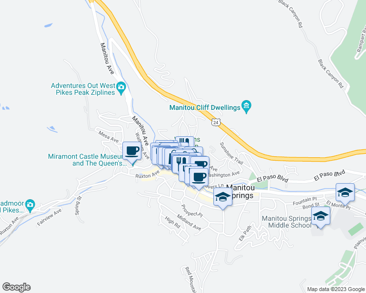 map of restaurants, bars, coffee shops, grocery stores, and more near 8 Grand Avenue in Manitou Springs