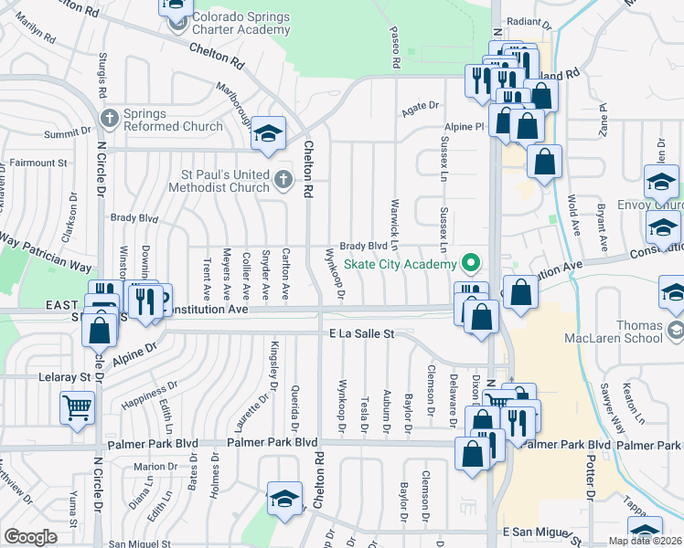 map of restaurants, bars, coffee shops, grocery stores, and more near 1927 Wynkoop Drive in Colorado Springs