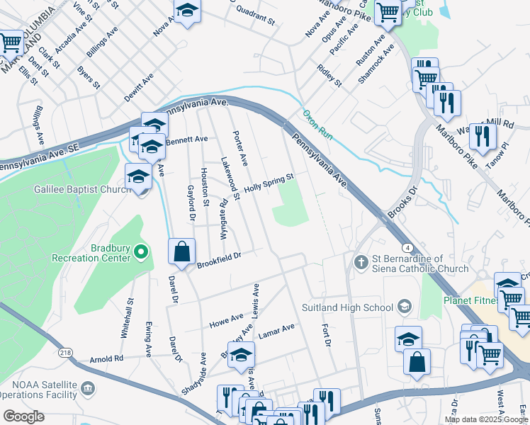 map of restaurants, bars, coffee shops, grocery stores, and more near 2100 Porter Avenue in Hillcrest Heights