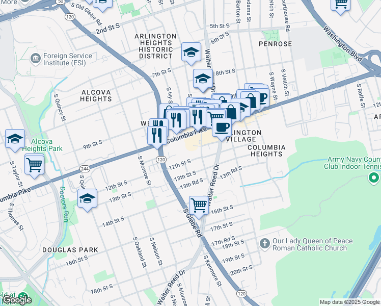 map of restaurants, bars, coffee shops, grocery stores, and more near 1100 South Highland Street in Arlington