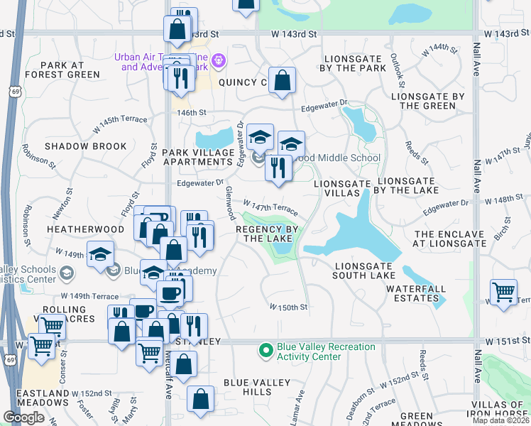map of restaurants, bars, coffee shops, grocery stores, and more near 6519 West 147th Terrace in Overland Park