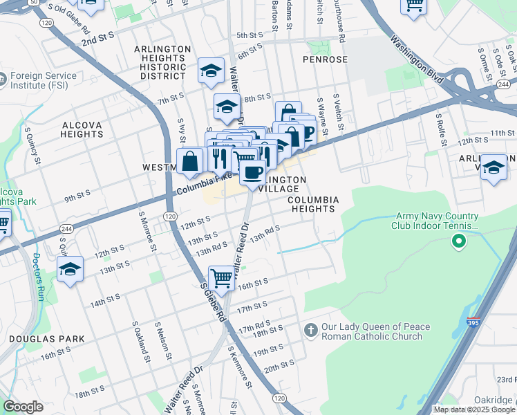 map of restaurants, bars, coffee shops, grocery stores, and more near 2814 12th Street South in Arlington