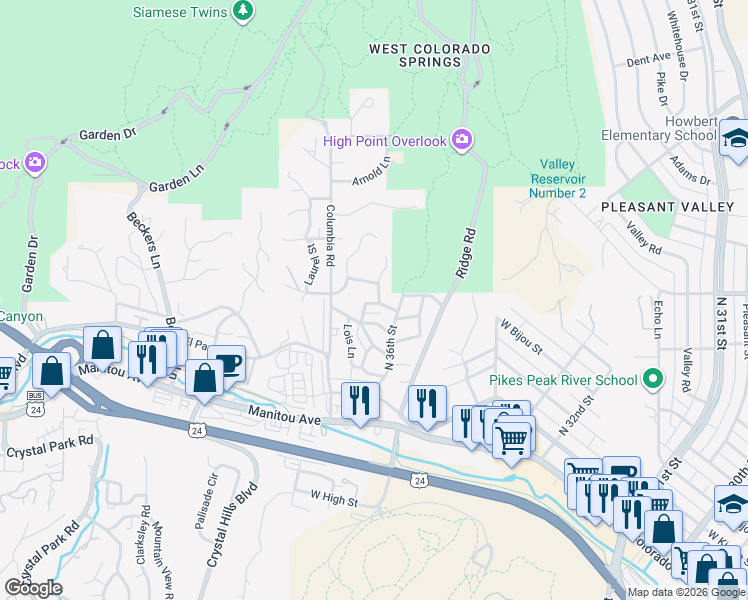 map of restaurants, bars, coffee shops, grocery stores, and more near 3710 Saint Charles Street in Colorado Springs