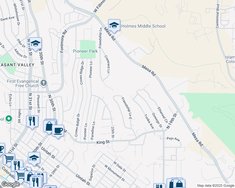map of restaurants, bars, coffee shops, grocery stores, and more near 1495 Friendship Lane West in Colorado Springs