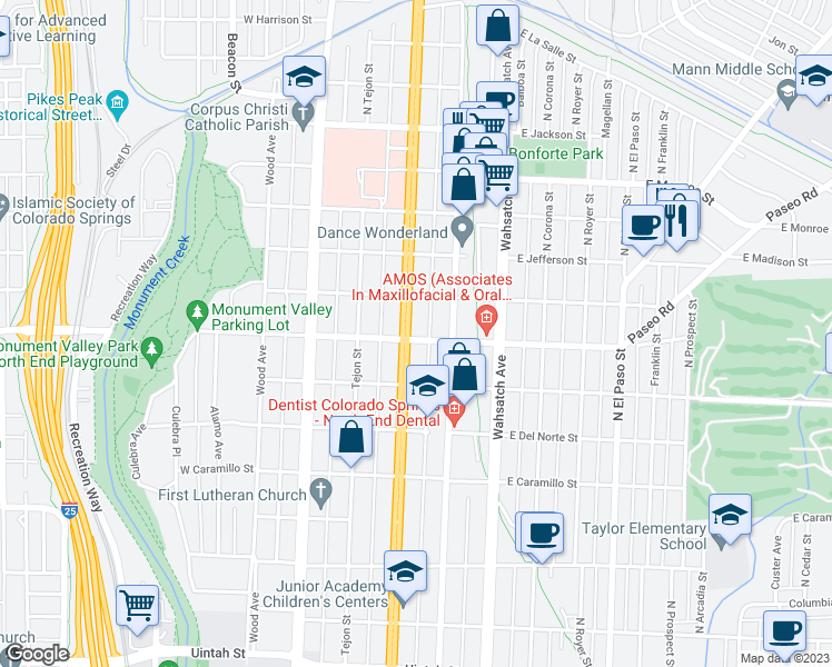 map of restaurants, bars, coffee shops, grocery stores, and more near 1901 North Nevada Avenue in Colorado Springs