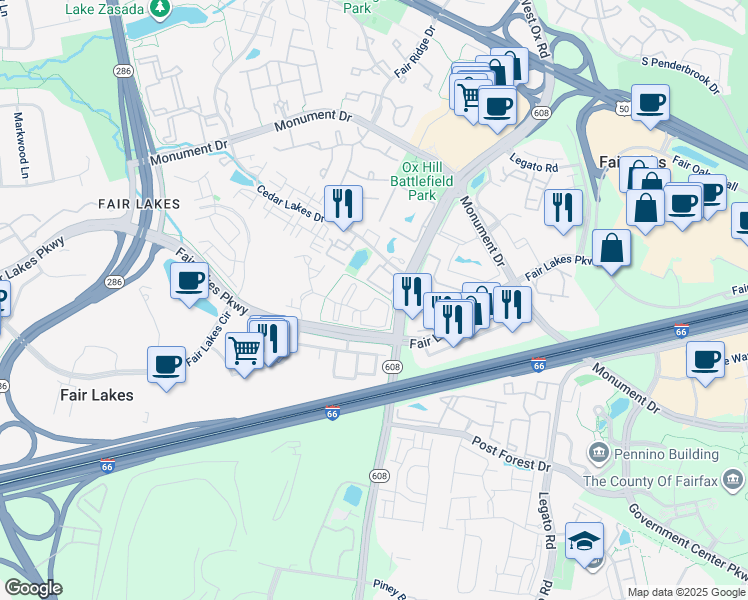 map of restaurants, bars, coffee shops, grocery stores, and more near 4408 Oak Creek Court in Fairfax