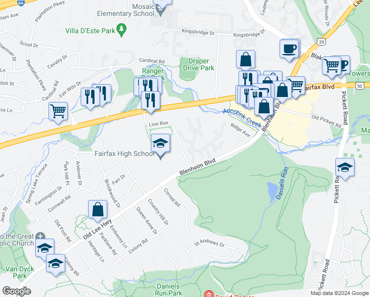 map of restaurants, bars, coffee shops, grocery stores, and more near 3605 Devilwood Court in Fairfax