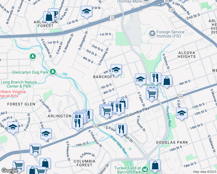 map of restaurants, bars, coffee shops, grocery stores, and more near 4616 7th Street South in Arlington
