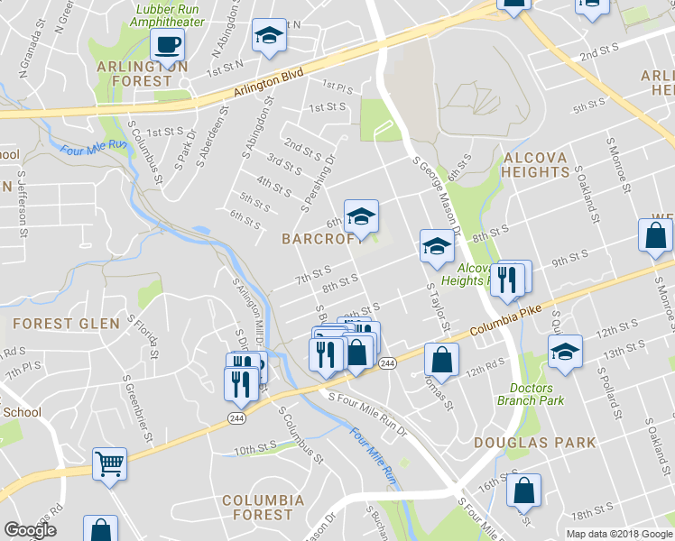 map of restaurants, bars, coffee shops, grocery stores, and more near 4616 7th Street South in Arlington