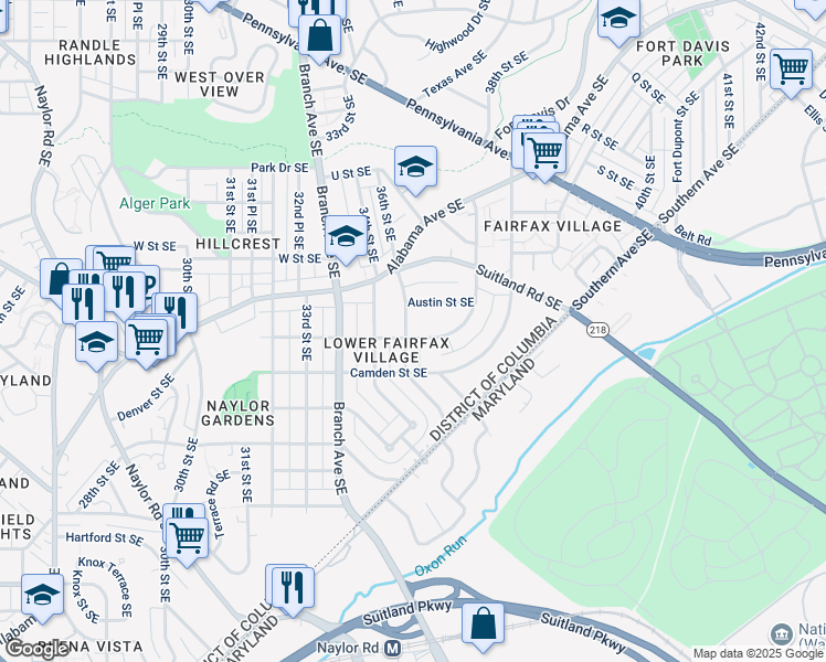 map of restaurants, bars, coffee shops, grocery stores, and more near 2328 36th Street Southeast in Washington