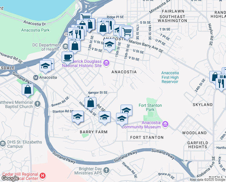 map of restaurants, bars, coffee shops, grocery stores, and more near 1492 Bangor Street Southeast in Washington