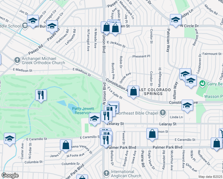 map of restaurants, bars, coffee shops, grocery stores, and more near 1806 East La Salle Street in Colorado Springs