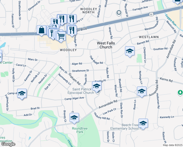 map of restaurants, bars, coffee shops, grocery stores, and more near 3202 Brush Drive in Falls Church