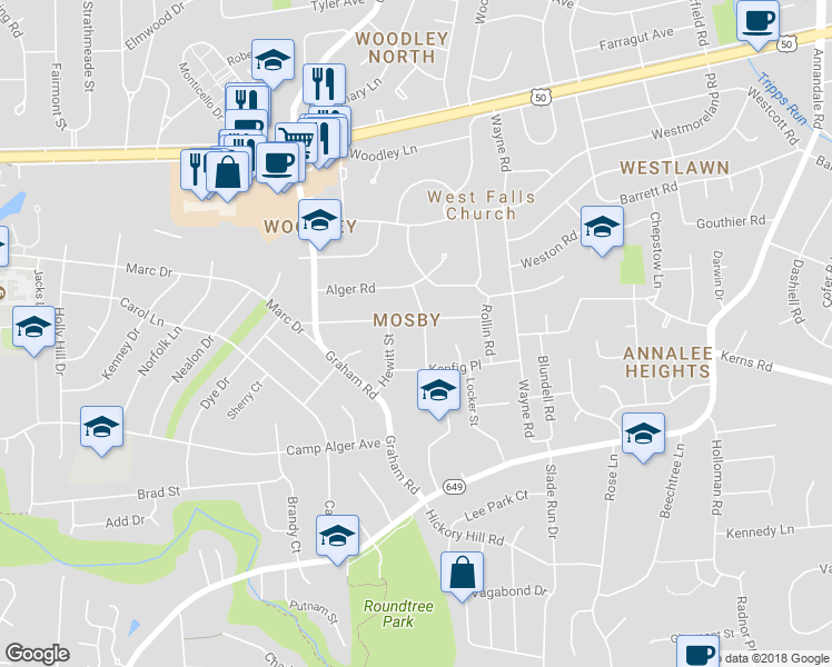 map of restaurants, bars, coffee shops, grocery stores, and more near 3202 Brush Drive in Falls Church