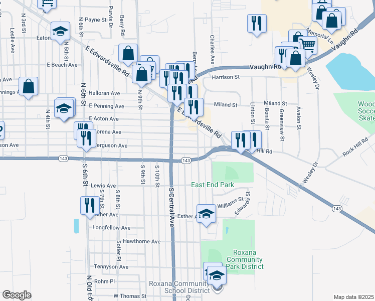 map of restaurants, bars, coffee shops, grocery stores, and more near 1150 East Ferguson Avenue in Wood River