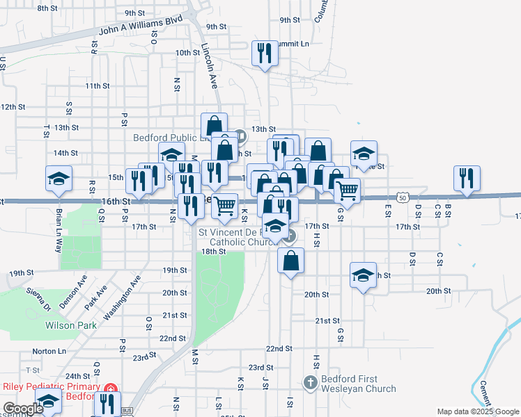 map of restaurants, bars, coffee shops, grocery stores, and more near 1613 J Street in Bedford