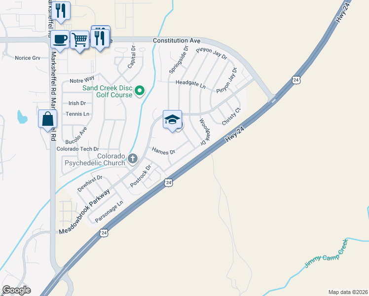 map of restaurants, bars, coffee shops, grocery stores, and more near 8357 Hames Drive in Colorado Springs