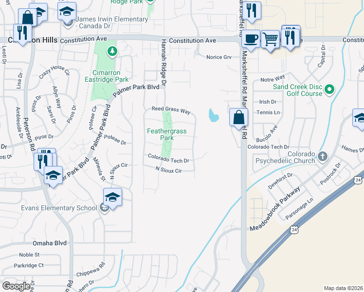 map of restaurants, bars, coffee shops, grocery stores, and more near 7552 Short Grass Court in Colorado Springs