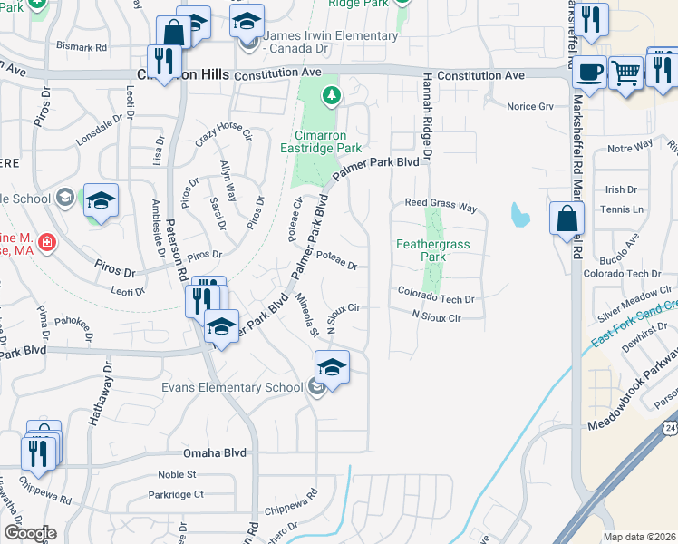 map of restaurants, bars, coffee shops, grocery stores, and more near 7230 Watonga Court in Colorado Springs
