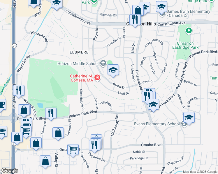 map of restaurants, bars, coffee shops, grocery stores, and more near 1780 Leoti Drive in Colorado Springs