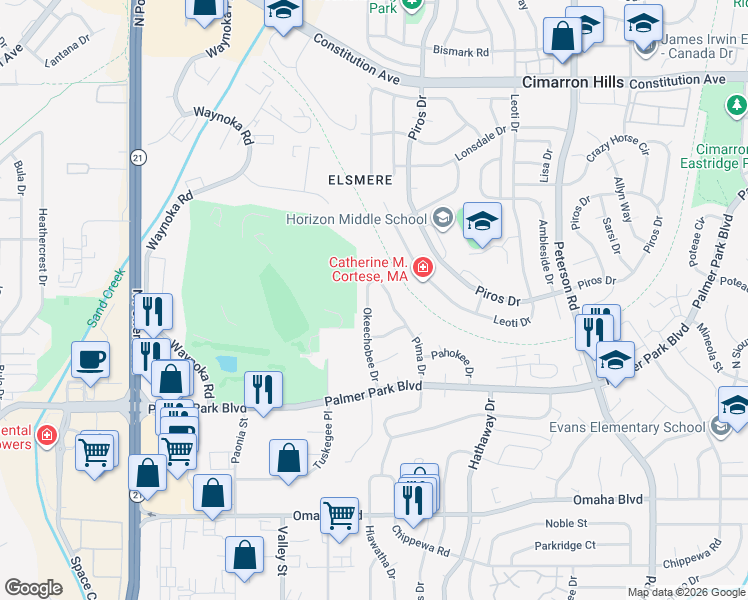 map of restaurants, bars, coffee shops, grocery stores, and more near 1960 Okeechobee Drive in Colorado Springs